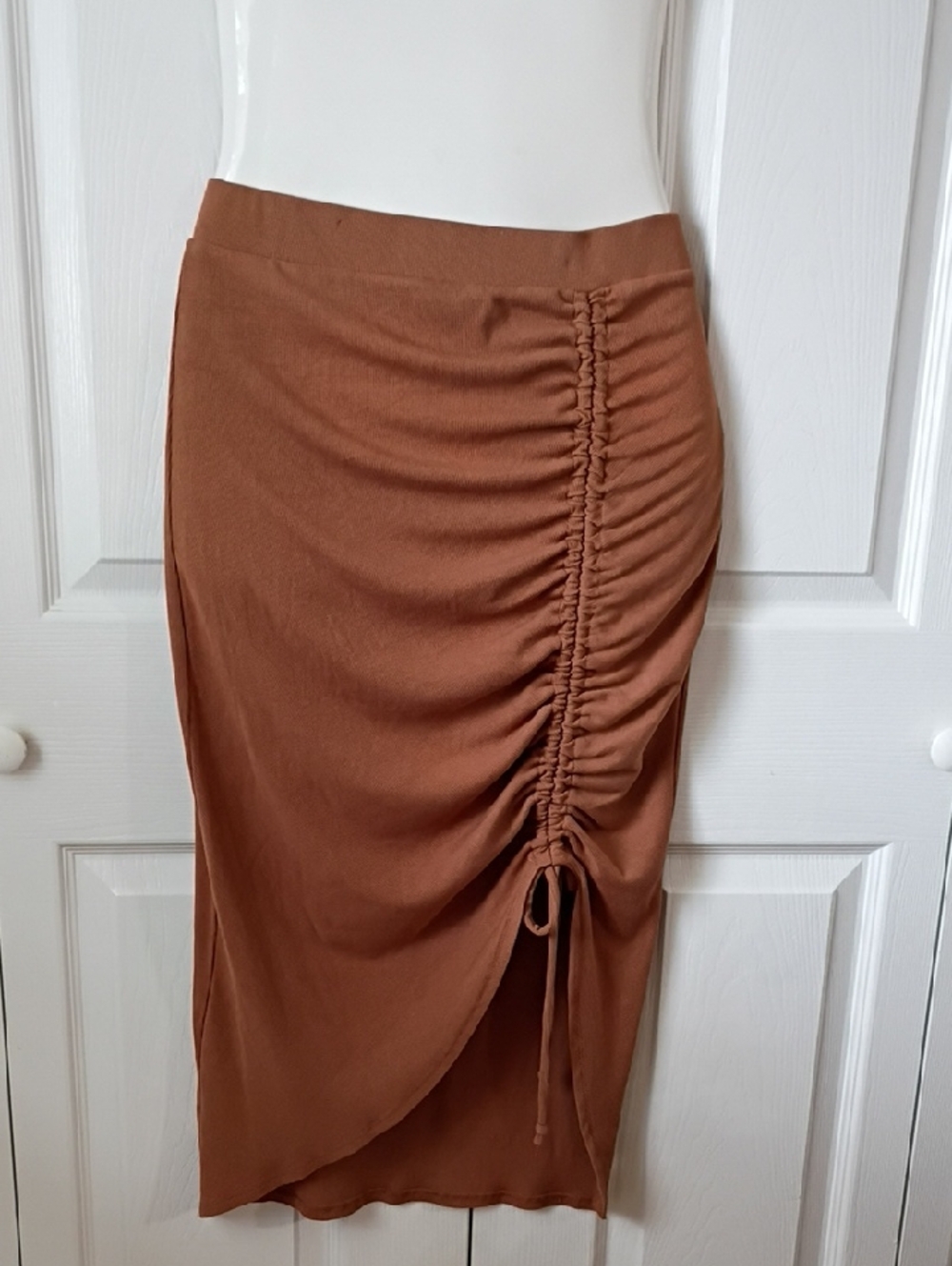 Anna Grace Brown Ruched Midi Skirt